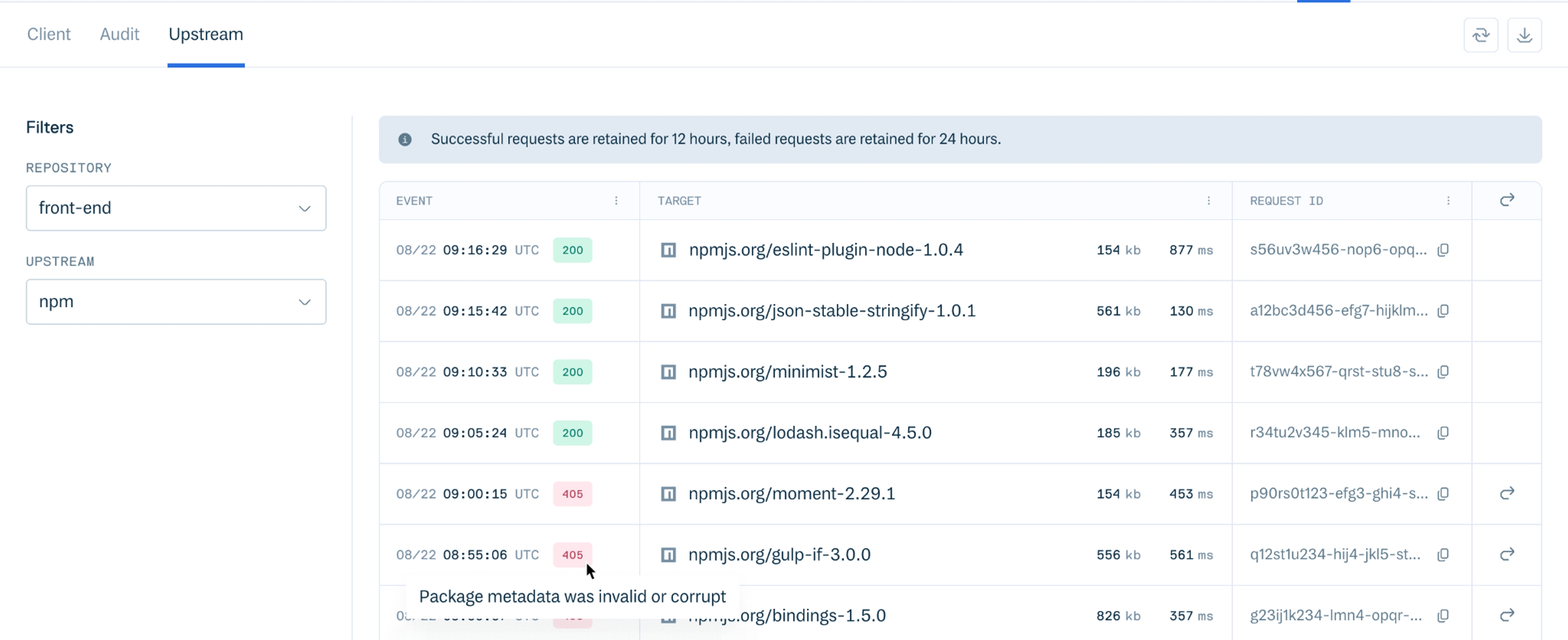 Upstream logs in the Cloudsmith web app