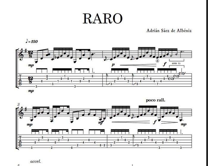 Una página de la partitura de «Raro»