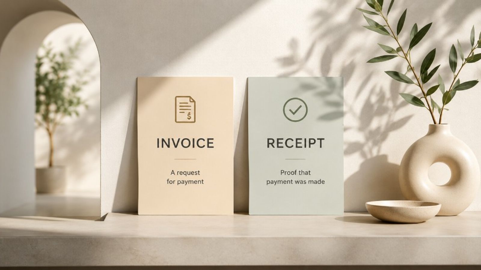Two cards on a shelf comparing invoice and receipt — invoice labeled as a request for payment, receipt as proof that payment was made