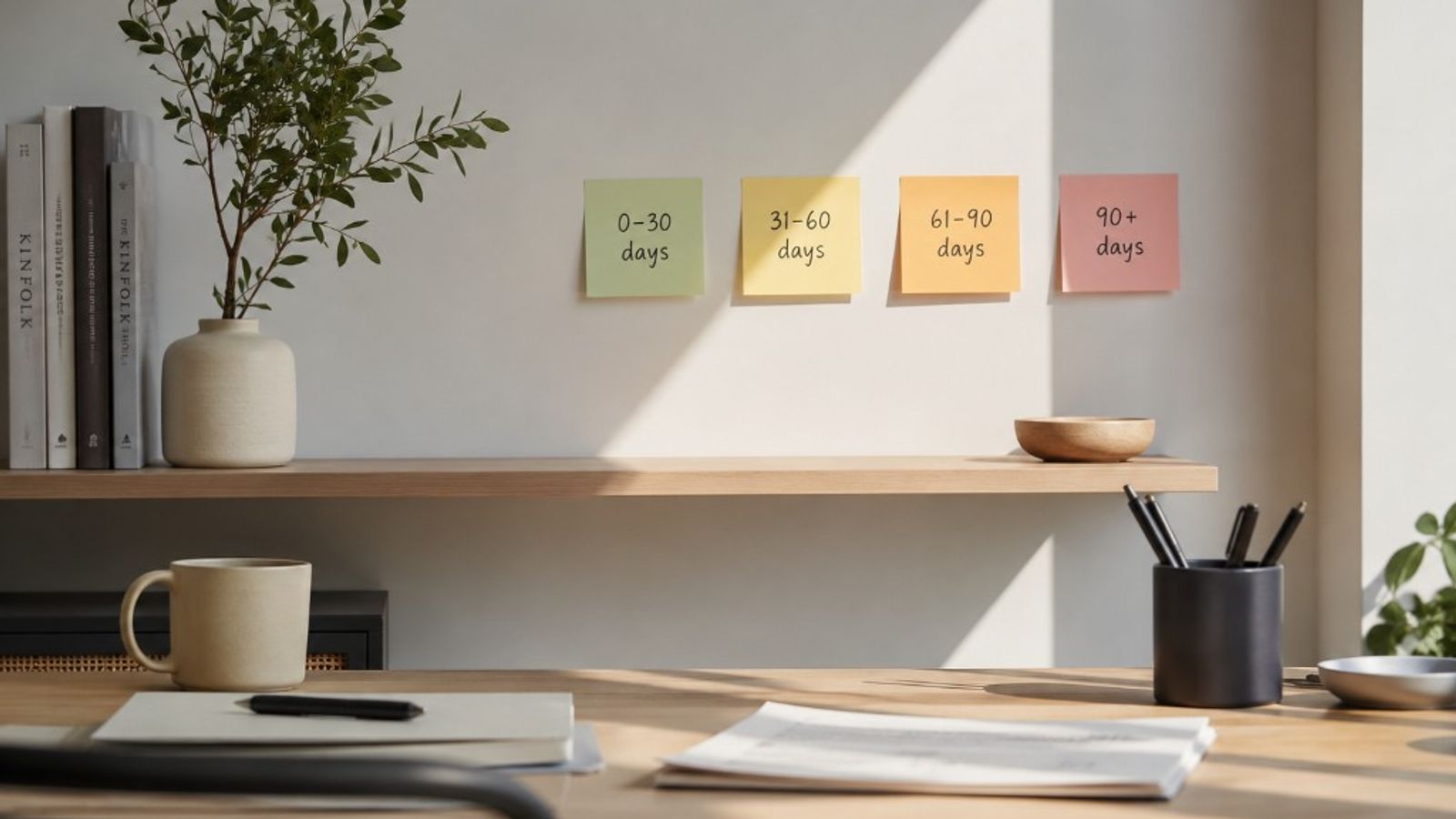 Minimal workspace with sticky notes on the wall labeled with invoice aging buckets: 0-30 days, 31-60 days, 61-90 days, and 90+ days