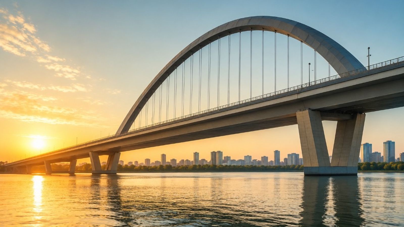 Modern arched bridge spanning calm water at sunset, symbolizing working capital bridging the gap between expenses and incoming payments