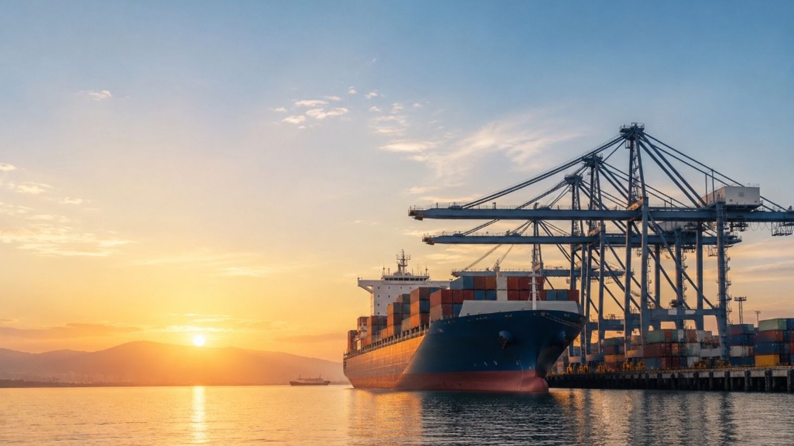 Container ship loaded with shipping containers docked at a port at sunrise, with gantry cranes and golden light reflecting on the water