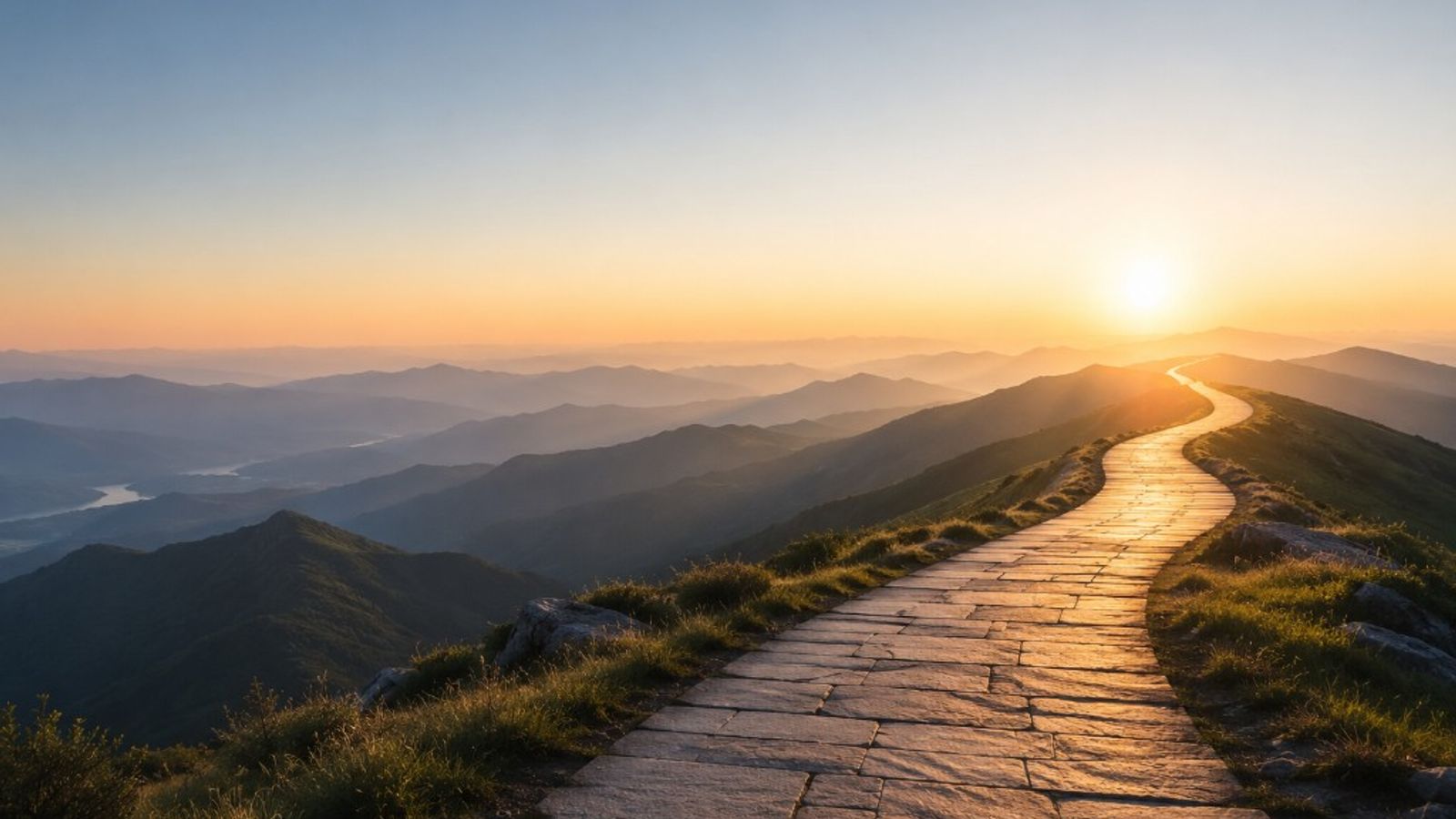 A winding stone path leading toward a sunrise over mountain ridges, suggesting forward planning and a clear path ahead