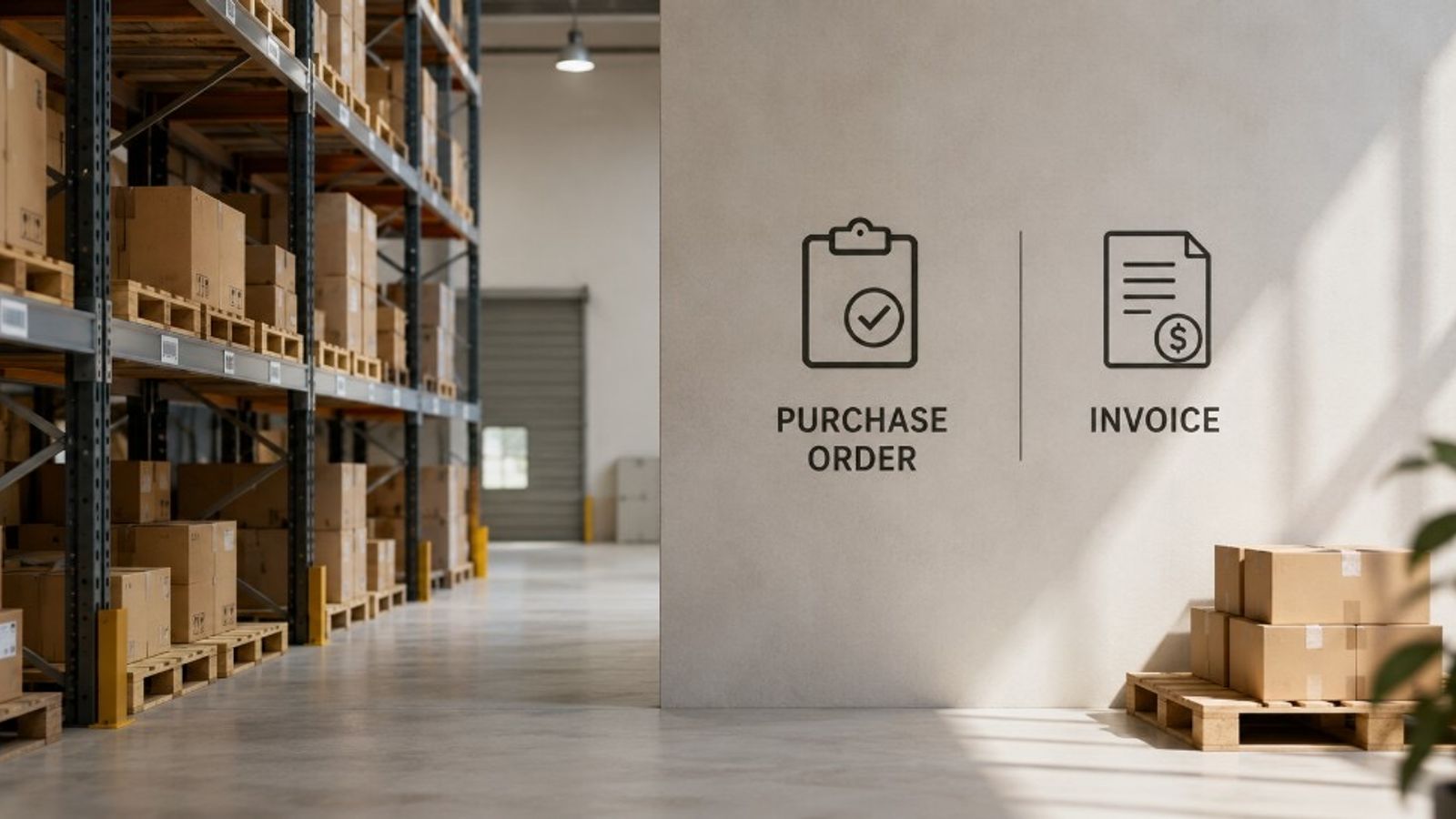 Warehouse with purchase order and invoice icons illustrating buyer authorization versus seller payment request