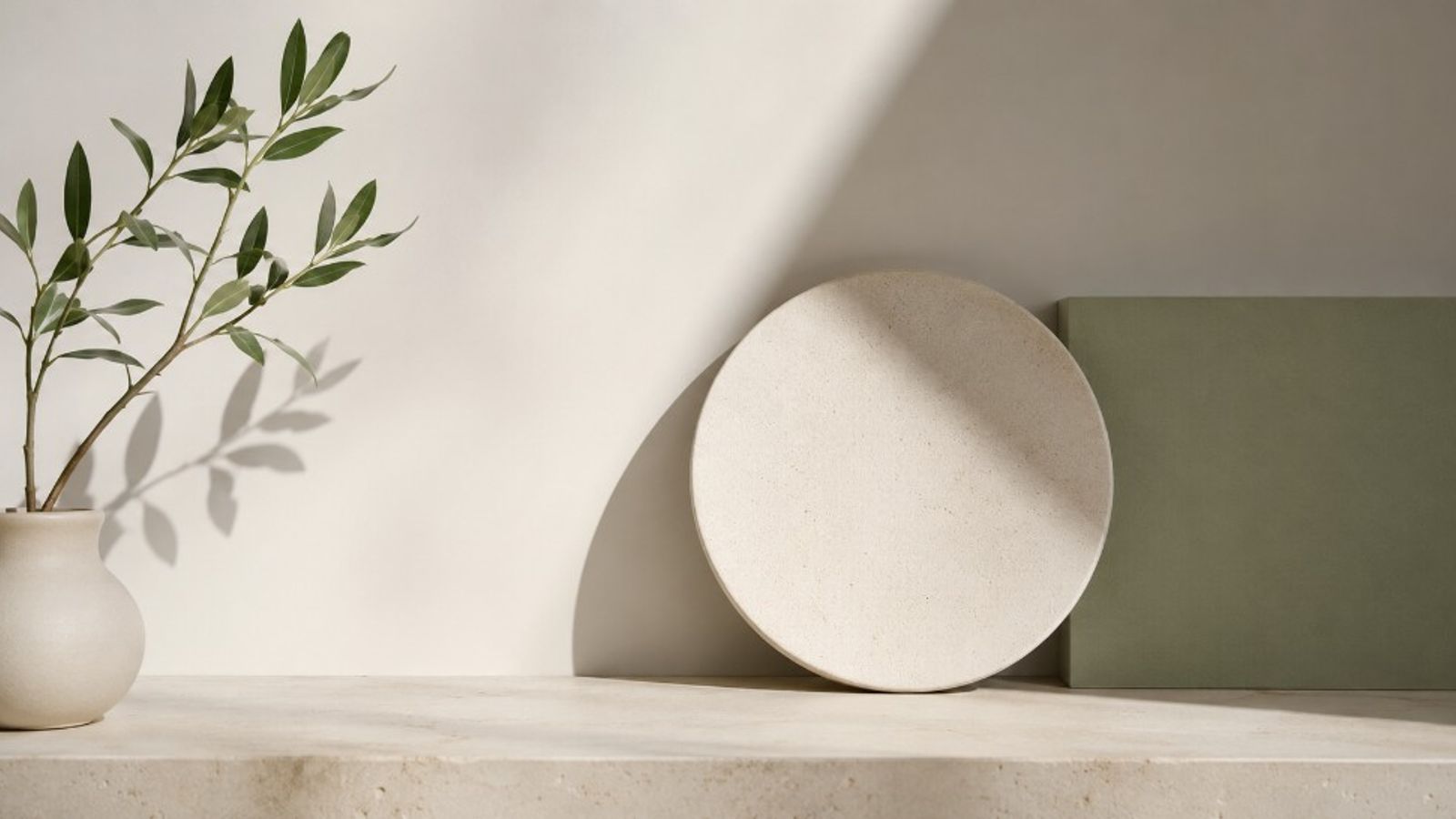 Minimal white vase with a single green branch beside geometric objects on a stone ledge, symbolizing a clean correction