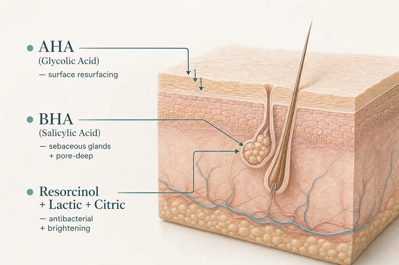 AHA, BHA, and Resorcinol penetration layers in a medical-grade chemical peel