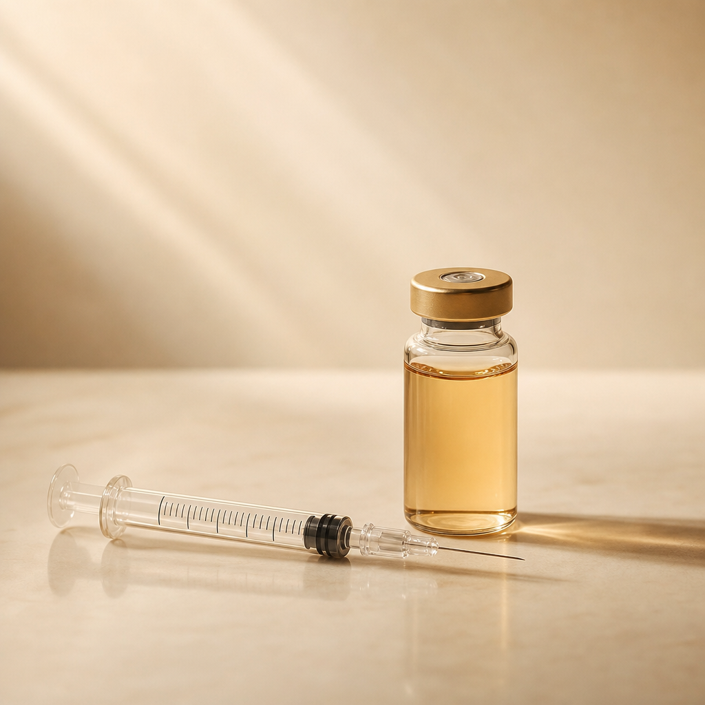 Editorial product photography of an HA-plus-additive skin booster vial and syringe