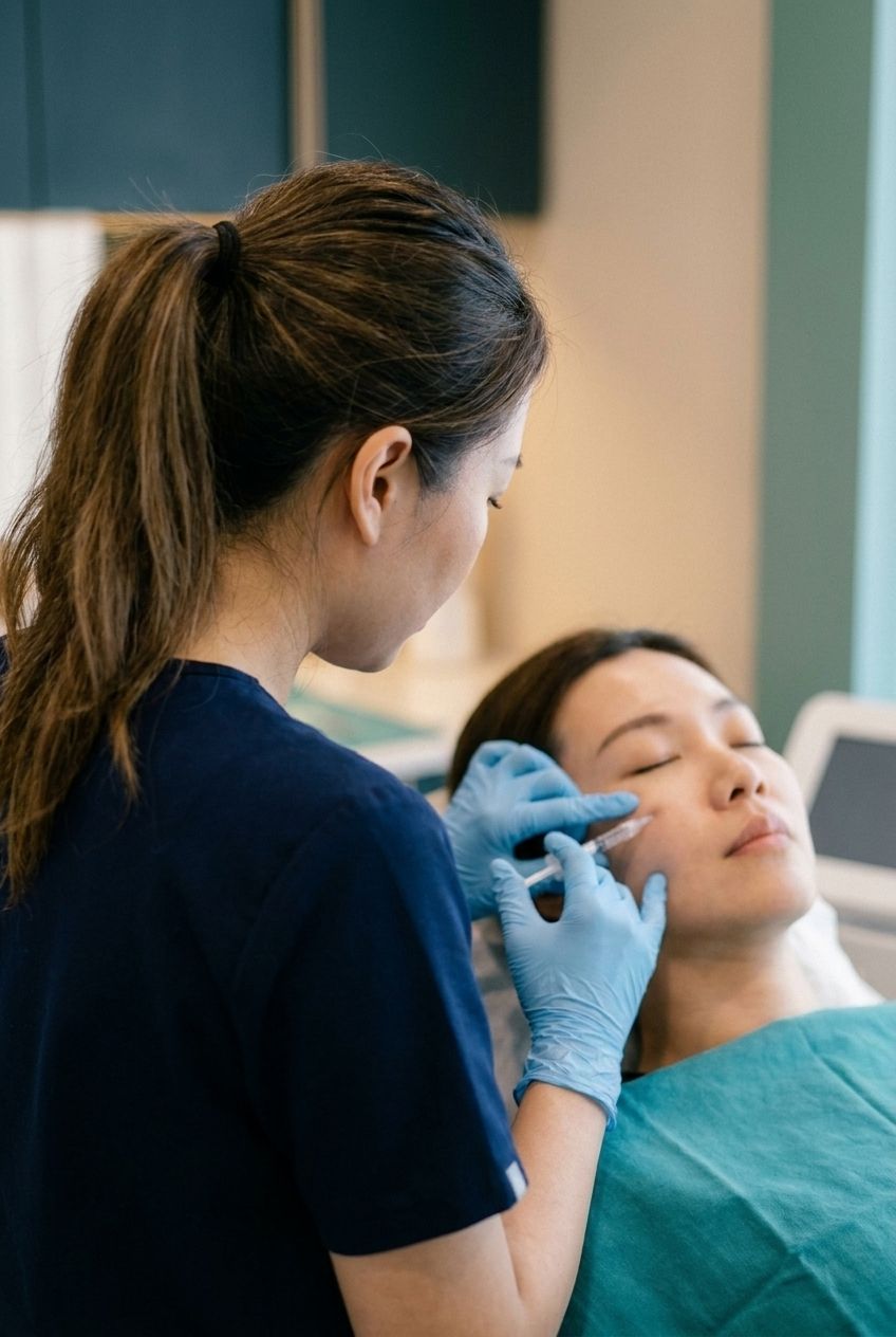 Doctor injecting a polynucleotide skin booster from over-the-shoulder angle in a Nexus treatment room