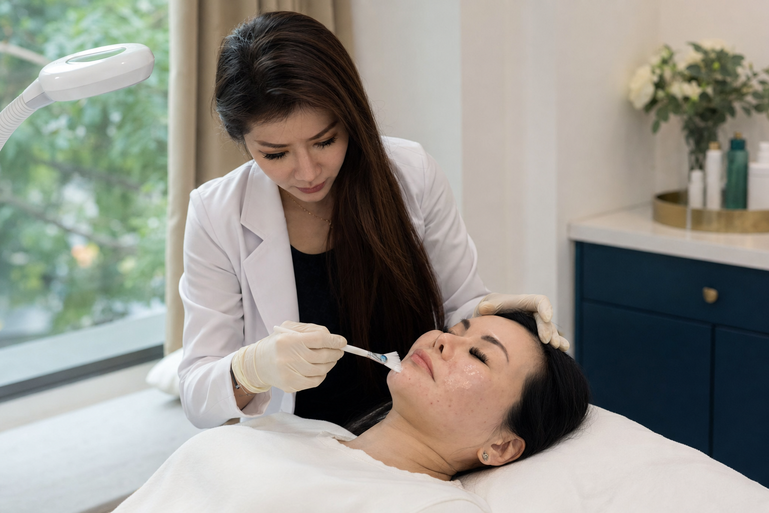 Dr Samantha in white medical coat applying a Modified Jessner chemical peel to a patient in the Nexus treatment room
