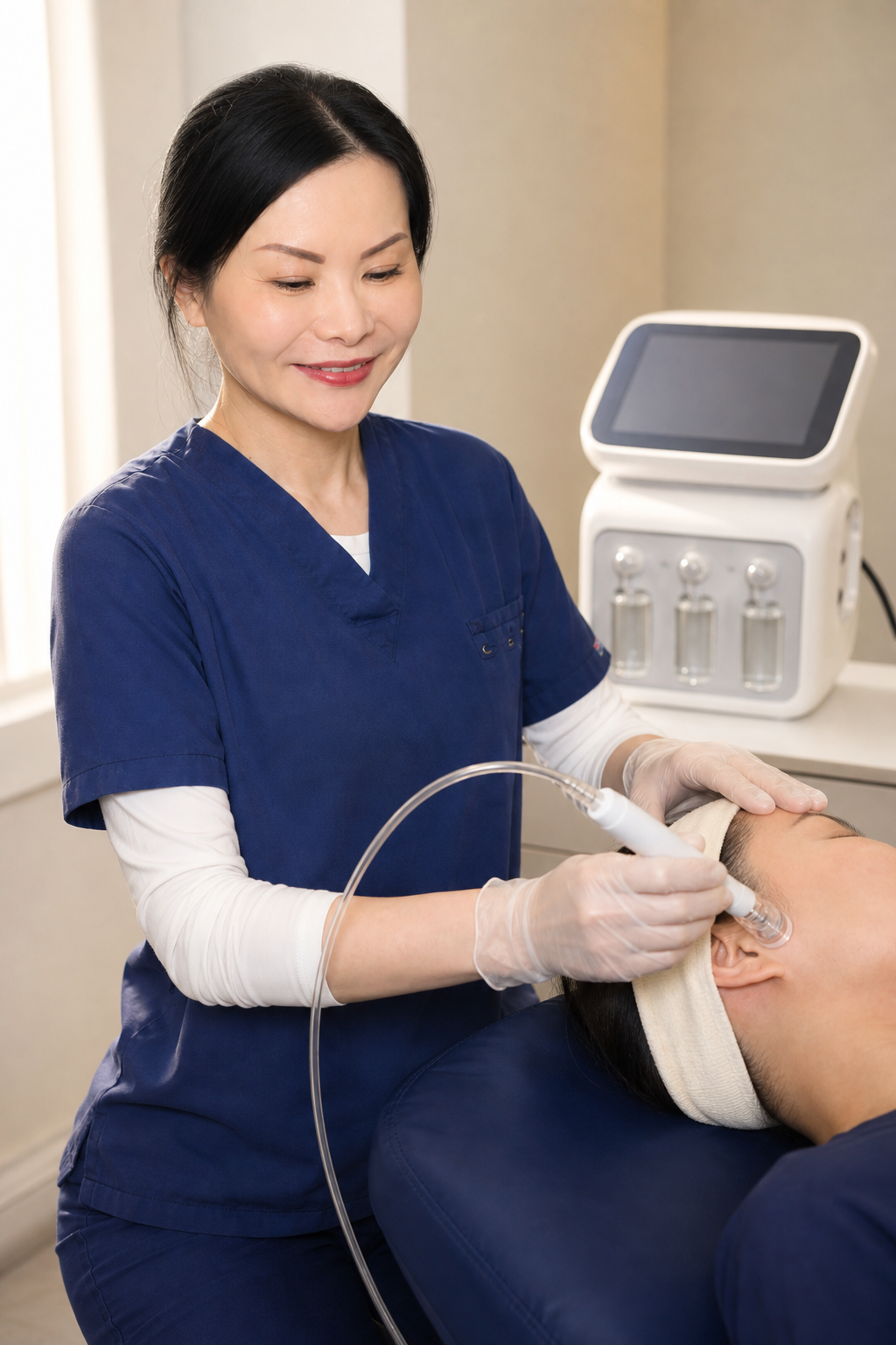 Esther delivering a ProFacial multi-step aqueous microdermabrasion protocol on a patient at Nexus Aesthetic Singapore.