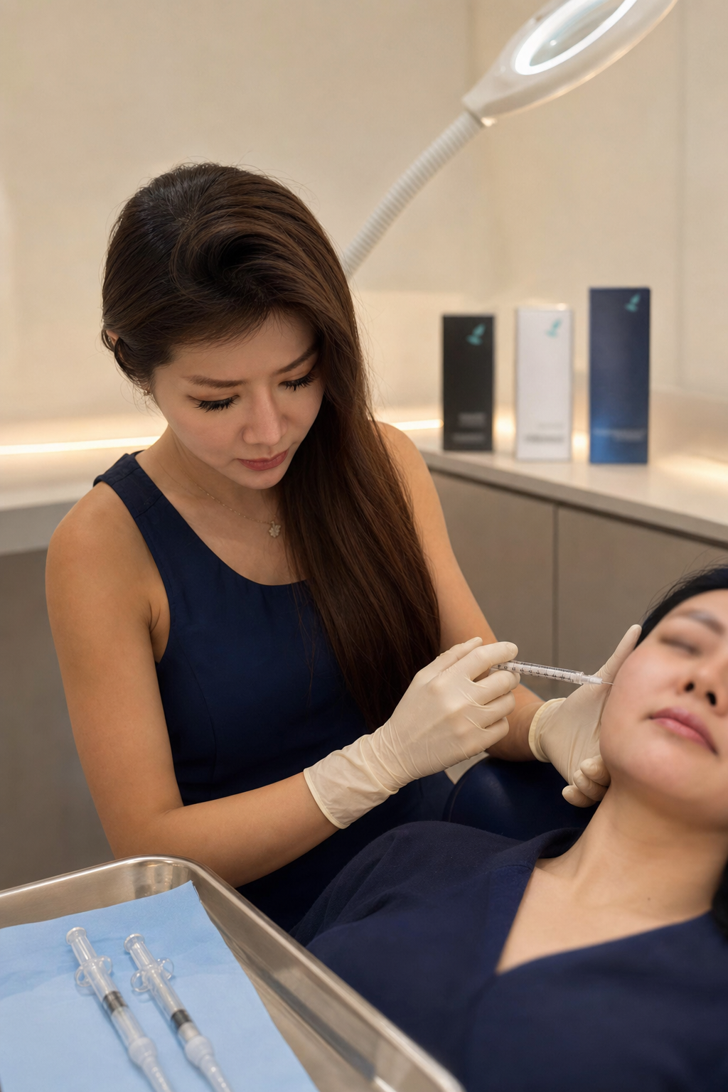 Dr Samantha administering a polynucleotide skin booster injection at Nexus Aesthetic Singapore.