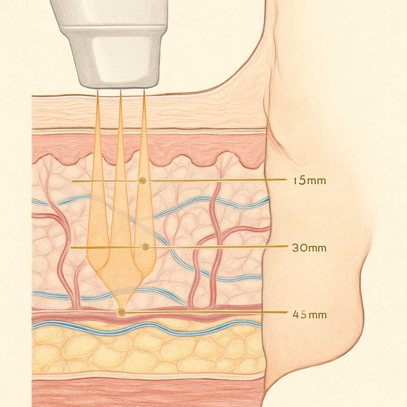 HIFU depth-mapping diagram showing 1.5 mm dermis, 3.0 mm deep dermis, and 4.5 mm SMAS layers