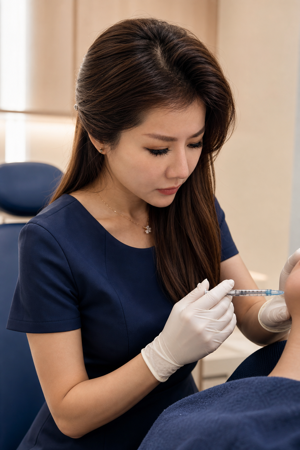 Dr Samantha Tay administering dermal filler injection along the jawline at Nexus Aesthetic Singapore