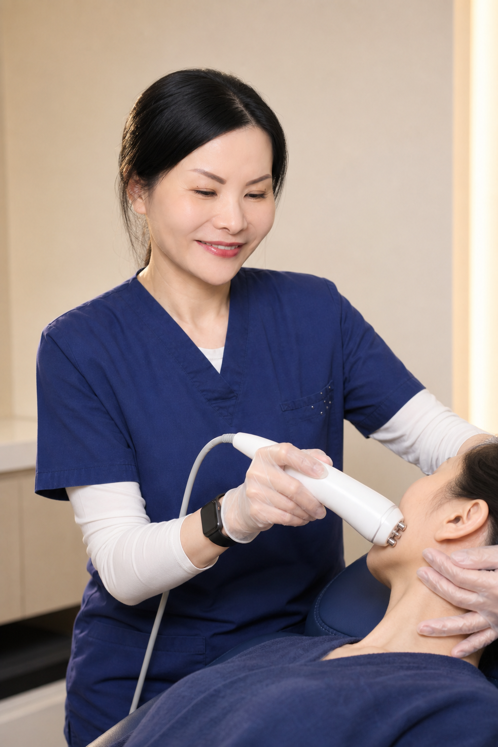 Esther delivering an EndyMed RF tightening session on a patient at Nexus Aesthetic Singapore.