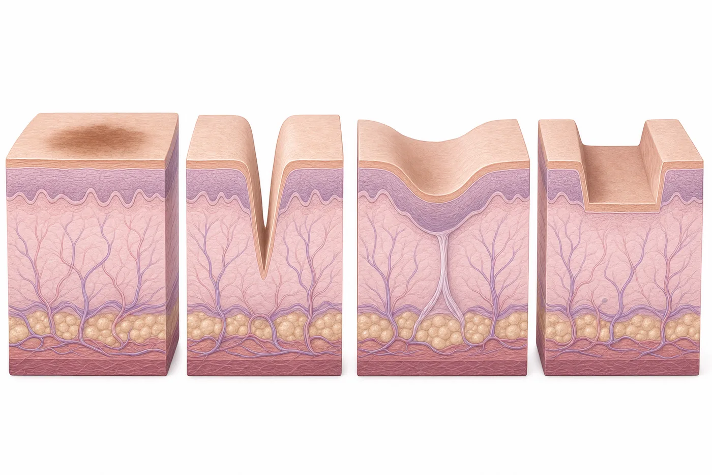 Diagram comparing flat acne pigmentation with ice pick, rolling and boxcar scar cross-sections