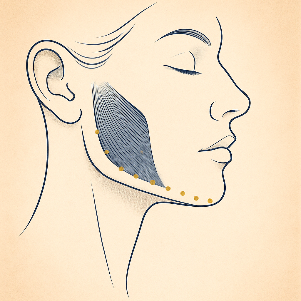 Dr Samantha mapping jawline injection points for anti-wrinkle dermal lift at Nexus Aesthetic Singapore.