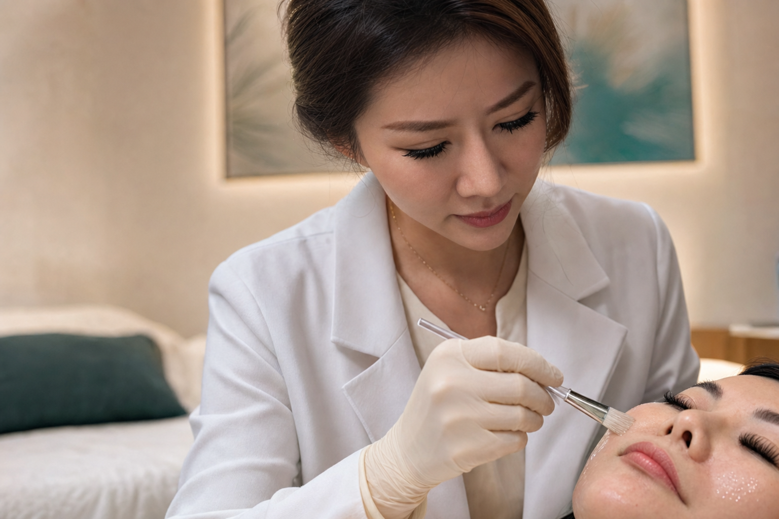 Dr Samantha applying a medical-grade chemical peel to a patient