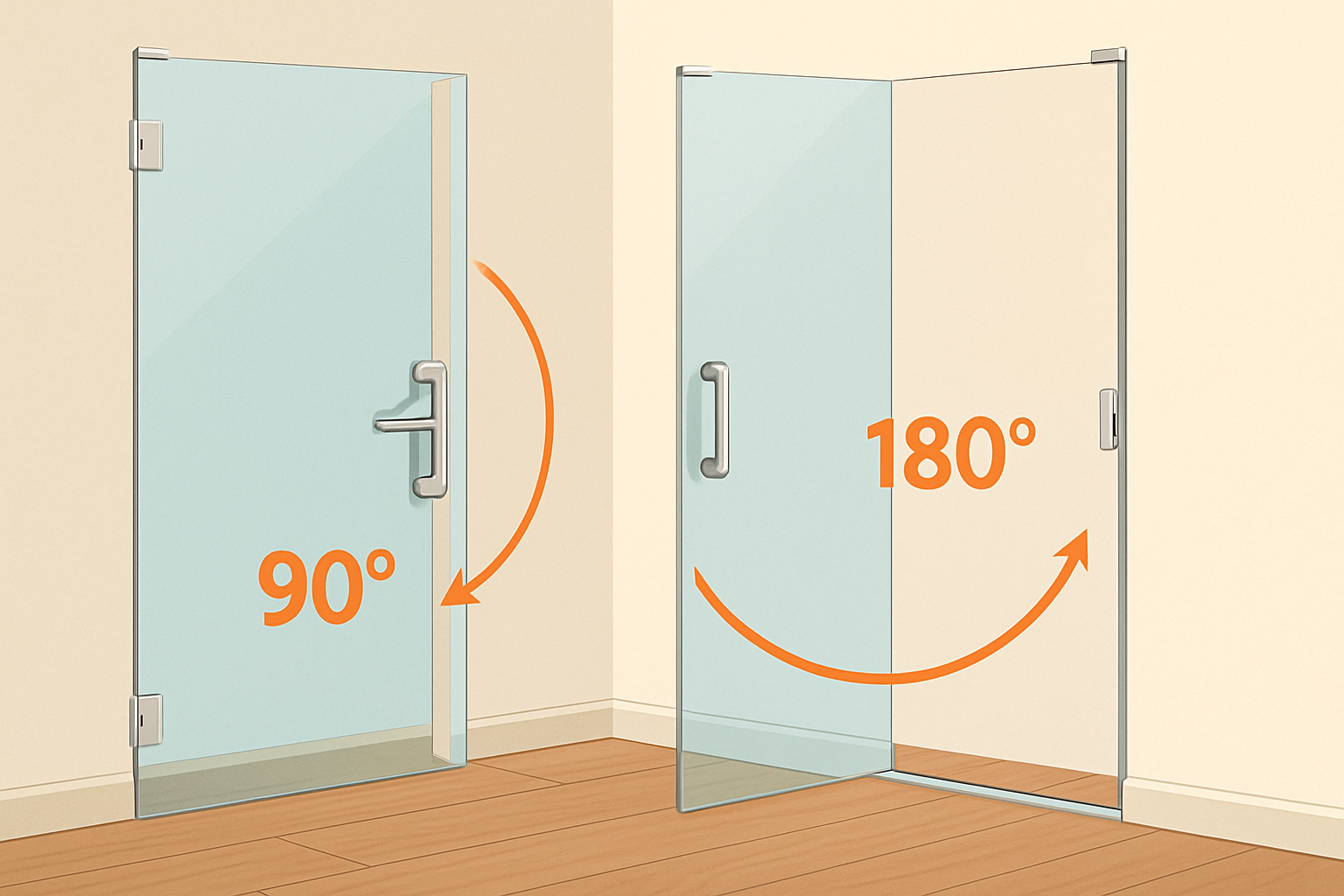 Uși din sticlă: 90° sau 180°? Cum alegi pentru spațiu și siguranță