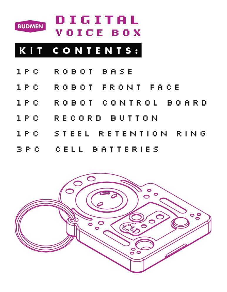 Digital Voice Box Kit components: speaker, microphone, battery, light sensor, and LED eye