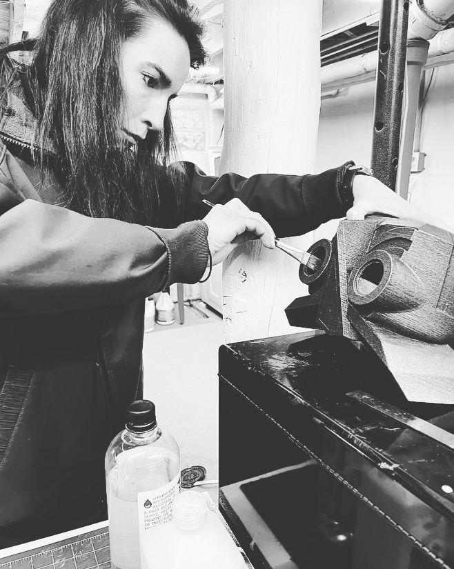 Detail of Robo-Owl's exposed leg mechanics