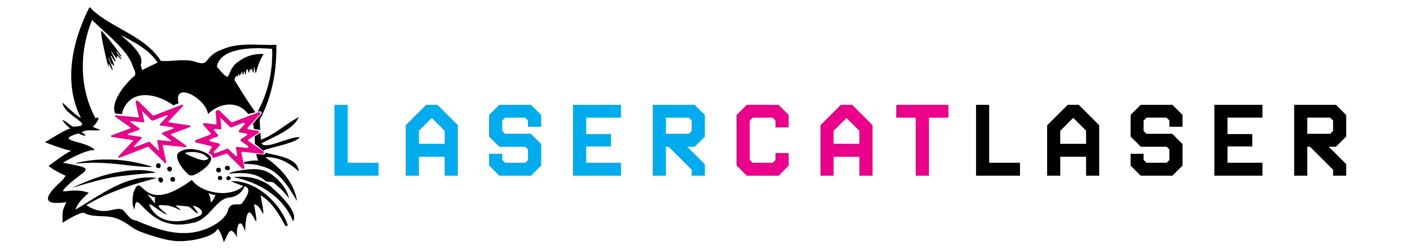 LaserCatLaser written in magenta, cyan and black letters next to an icon of cat with laser eyes