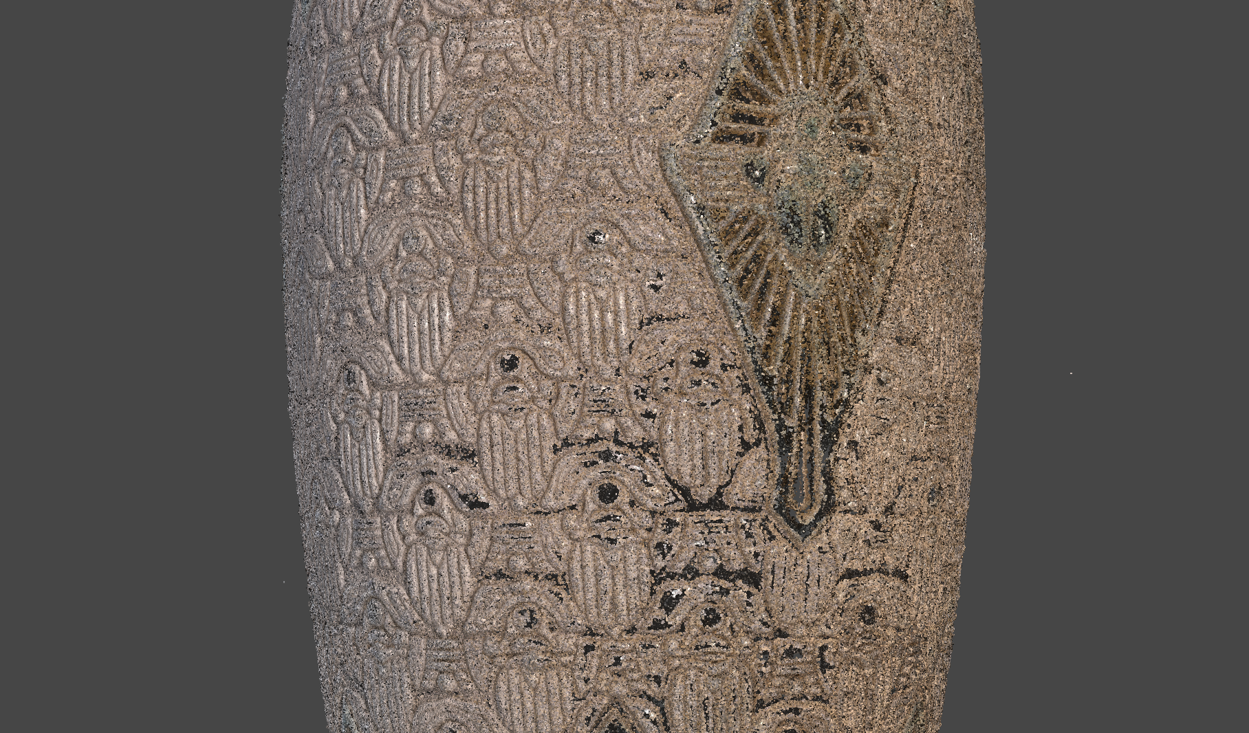 Failed 3D scan showing pixelated data with large missing chunks and blurred scarab details
