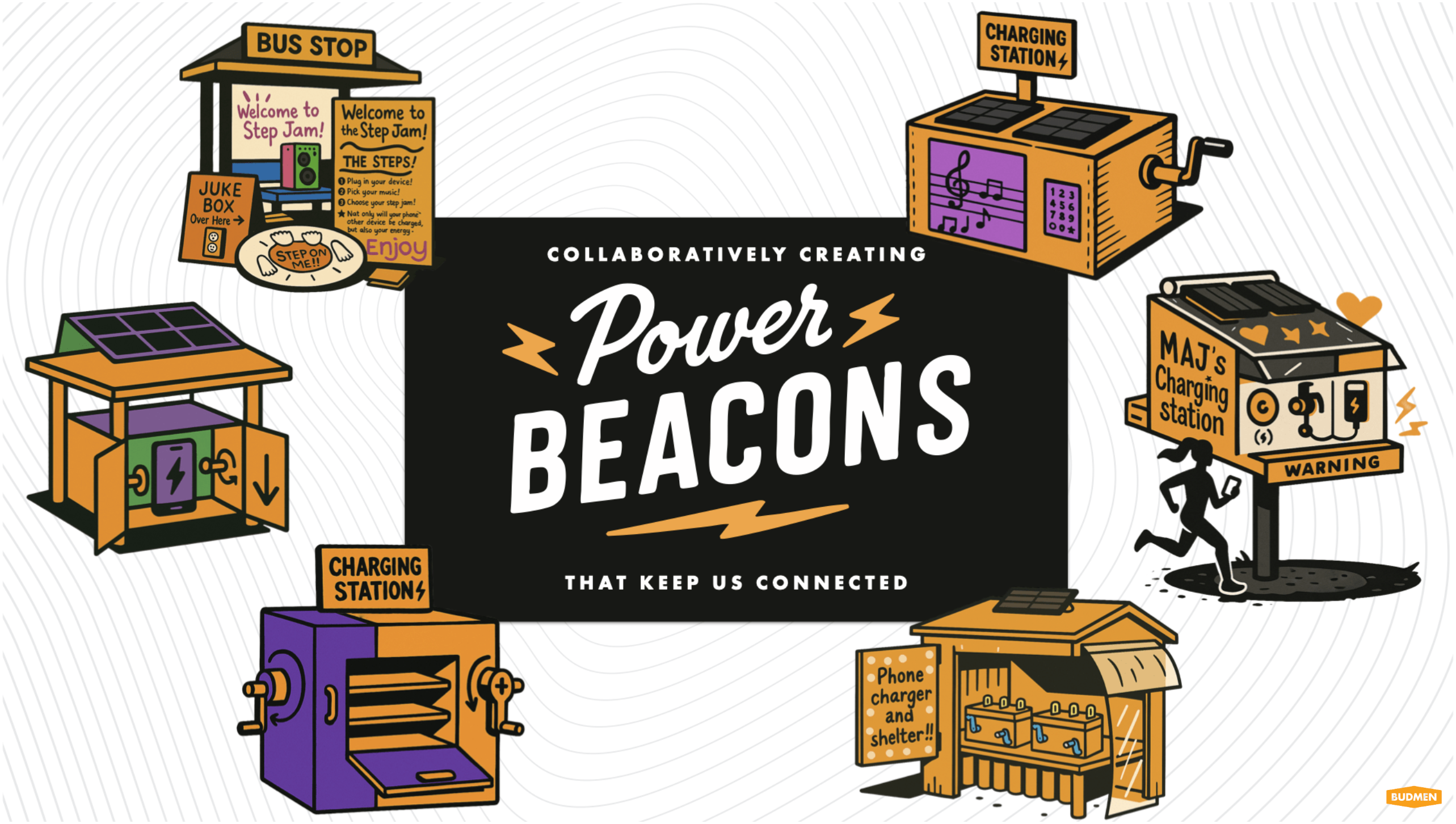 Various power beacon concepts sketched by students showing different form factors and applications