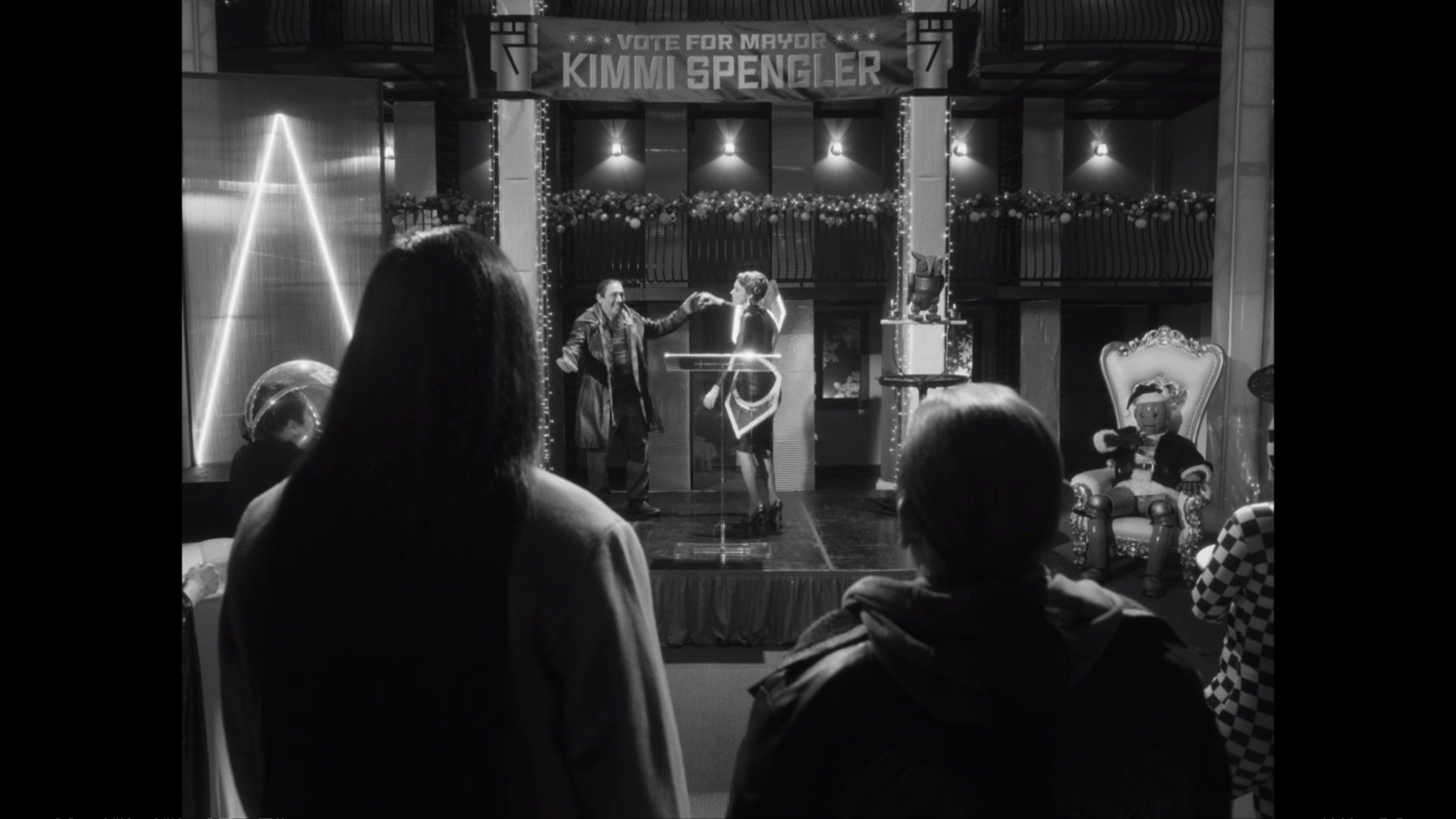 Robo-Owl on set in black and white