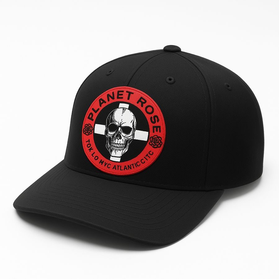 Black Planet Rose cap with the red skull and rose logo on the front