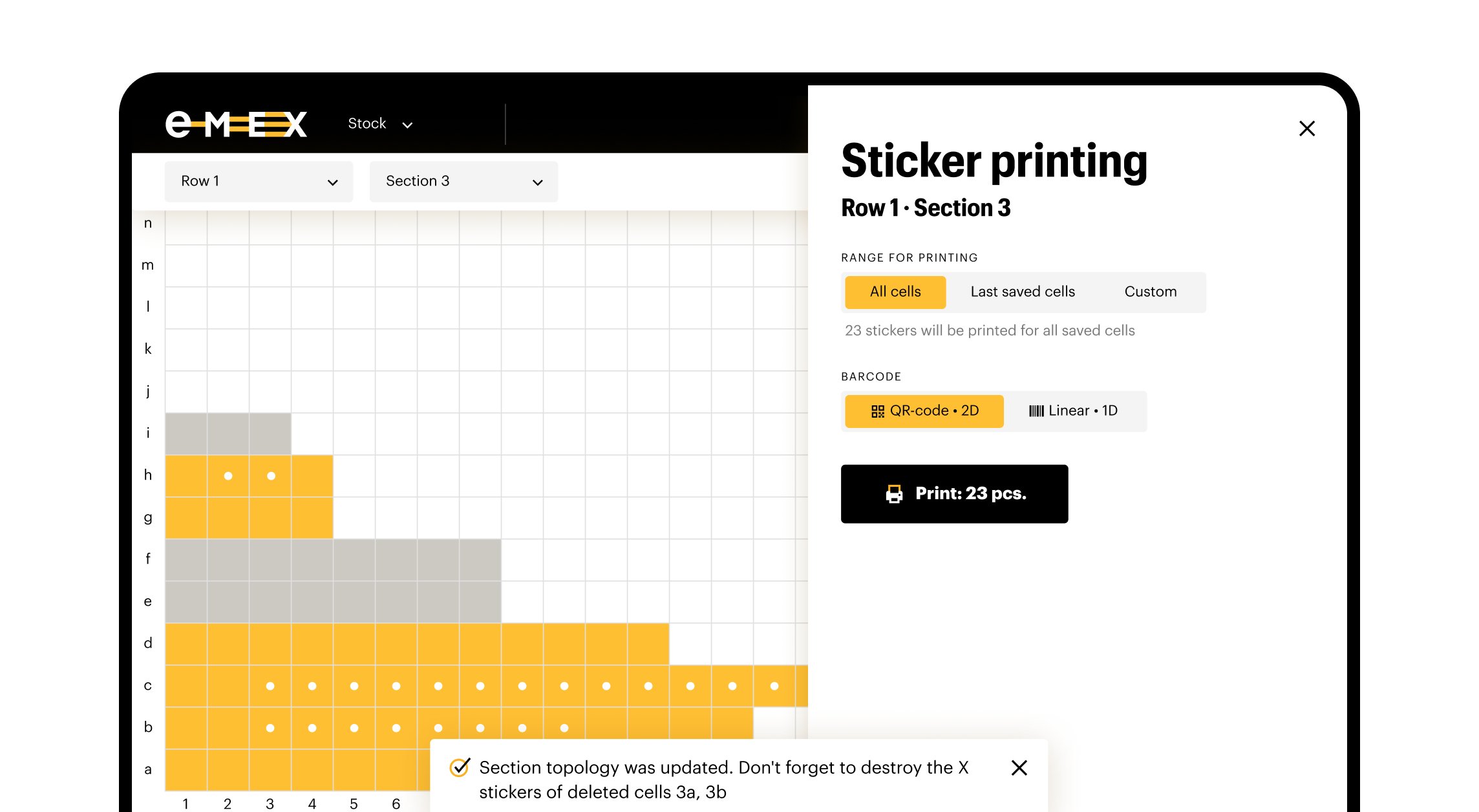Warehouse layout editor with barcode label printing