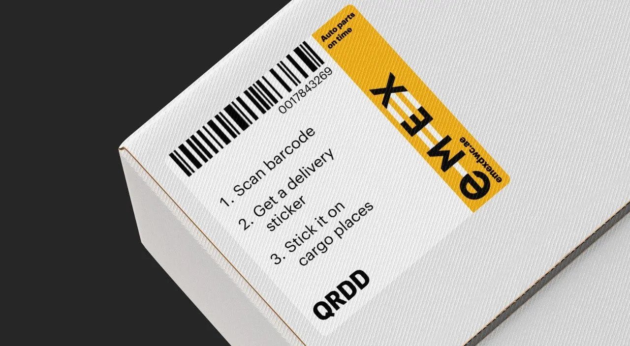 Emex box label with barcode and three steps