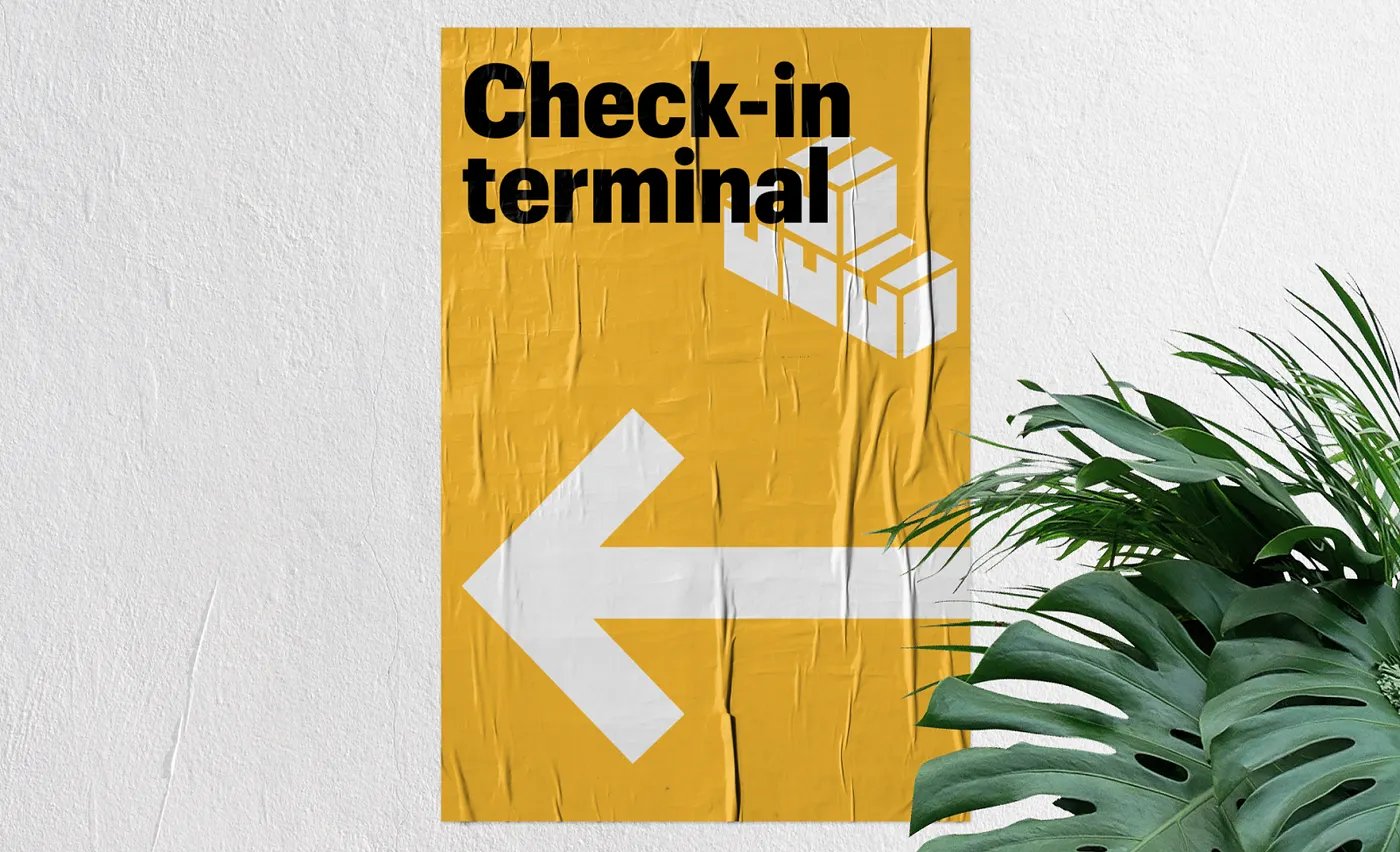 Yellow Check-in terminal poster with an arrow