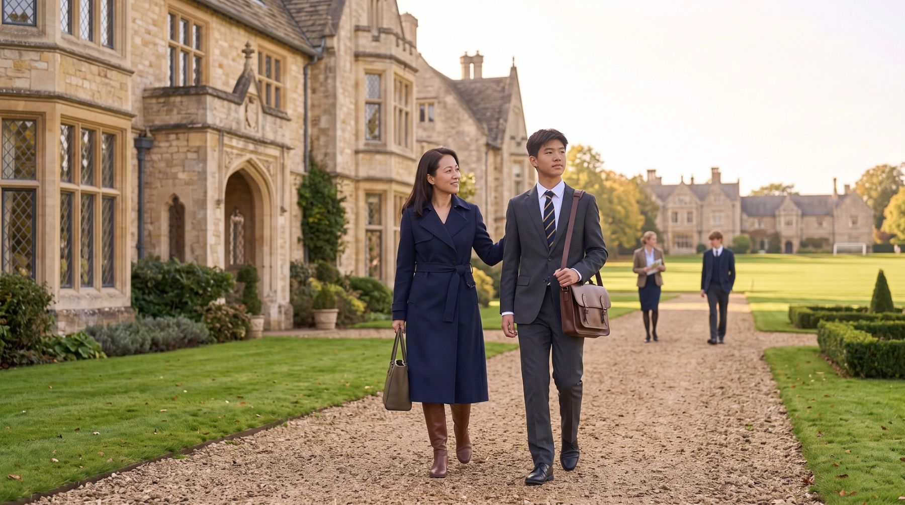 Chinese international boarding school student visiting a UK school campus with parent