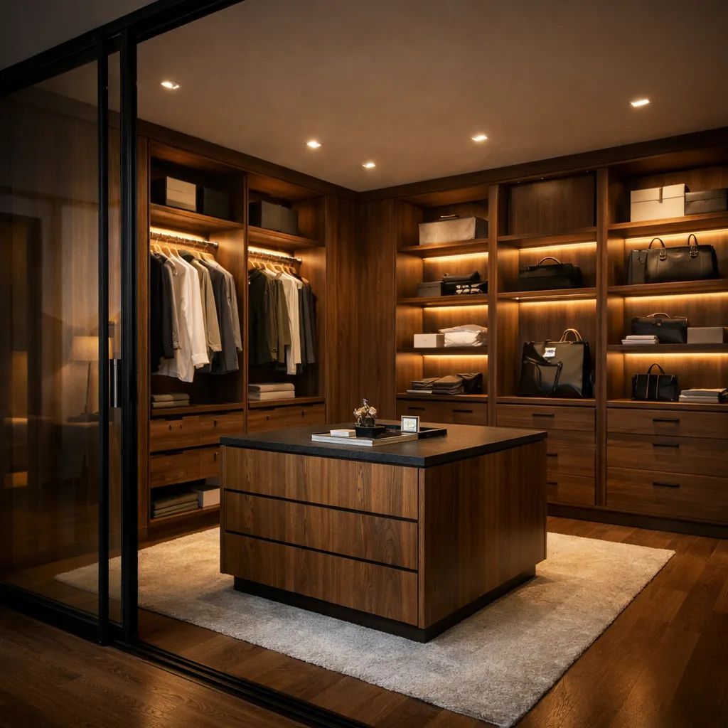 Walk-in closet som eget rum med kashmir-finish och inbyggd belysning