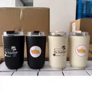 Custom printed logo examples on black and cream insulated coffee tumblers