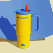 Yellow and blue 25oz insulated tumbler with straw