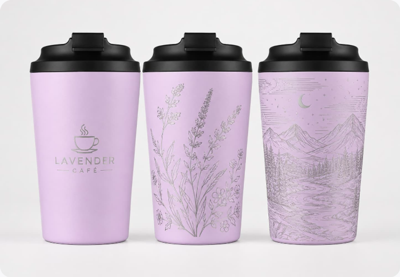 Lavender cafe tumblers with laser engraved branding