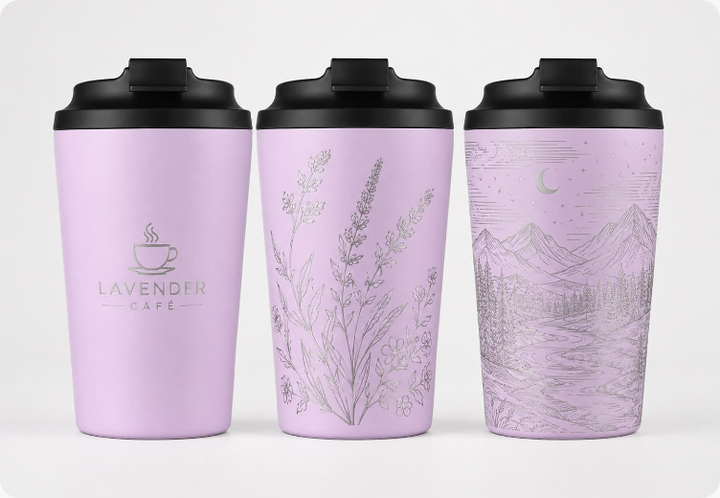 Lavender cafe tumblers with laser engraved branding