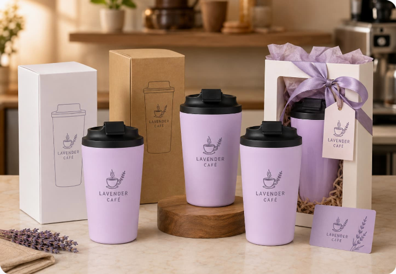 Custom retail and gift packaging for branded cafe tumblers