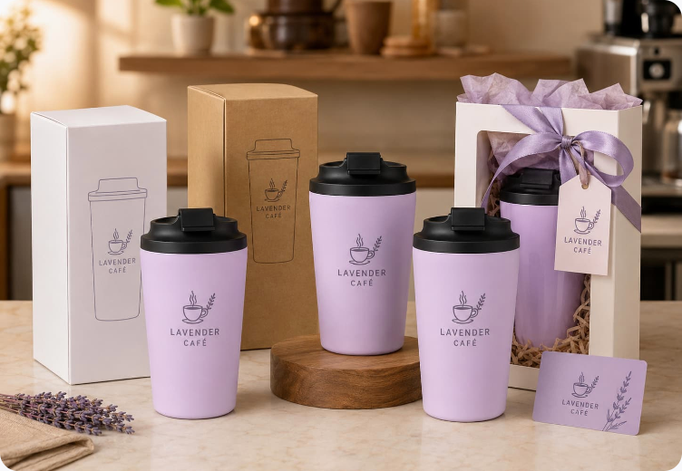 Custom retail and gift packaging for branded cafe tumblers