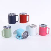 Six colours of 12oz handled insulated coffee mugs