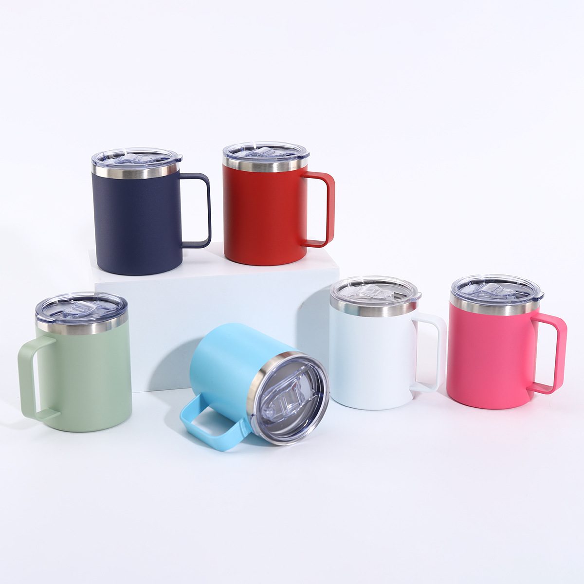 Six colours of 12oz handled insulated coffee mugs