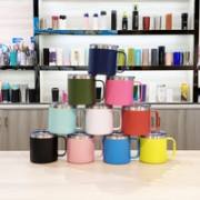 Handled insulated coffee mugs displayed in multiple stock colours