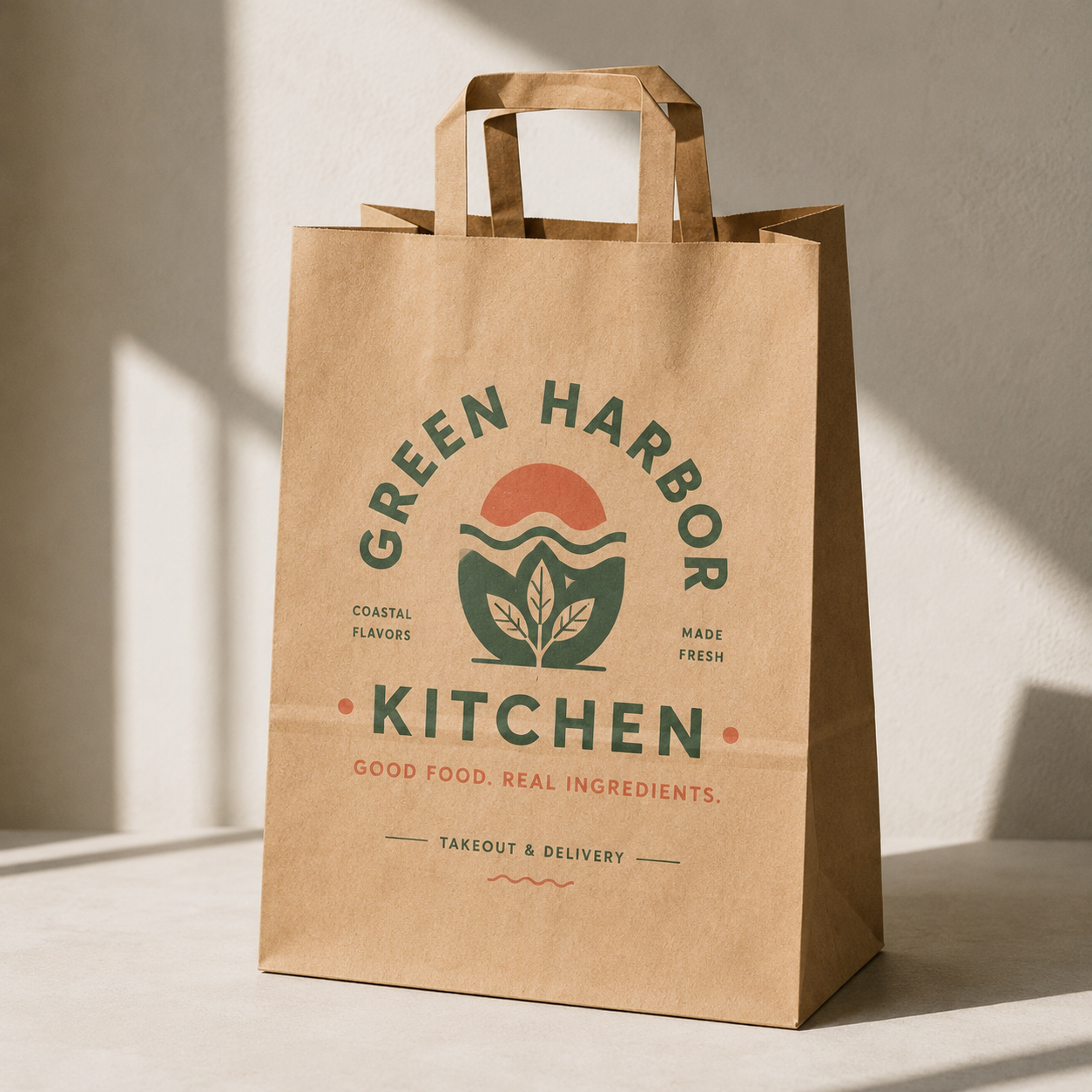Custom Flat Handle Kraft Paper Takeout Bags with Logo image 1