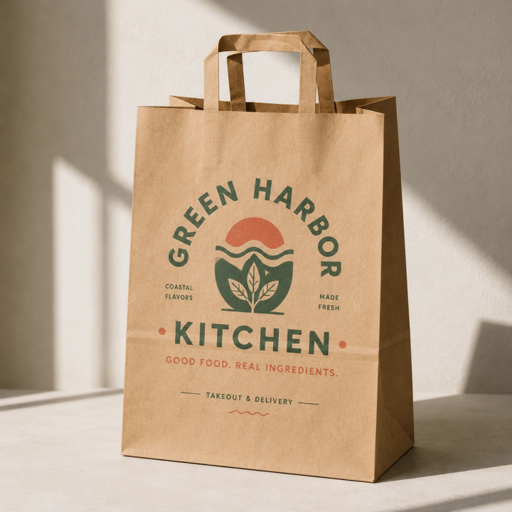 Custom Flat Handle Kraft Paper Takeout Bags with Logo