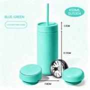 Blue-green 16oz tumbler with three lids