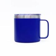 Blue handled insulated coffee mug with a clear drinking lid