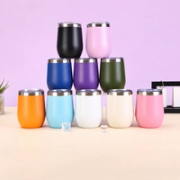 Colour range of custom 12oz egg-shaped stainless steel tumblers