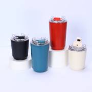 Black, blue, red, and cream insulated coffee tumbler colour options