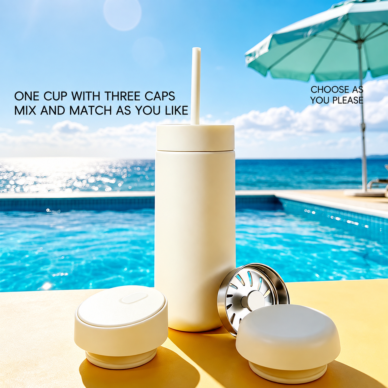 Ivory tumbler and three lid options beside a pool